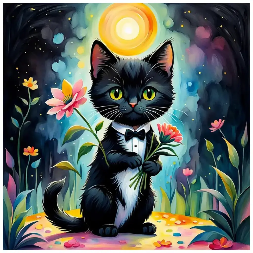 [WAC1-93]  Black Cat with Flowers - Rolled Paint By Numbers 