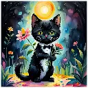  Black Cat with Flowers - Rolled Paint By Numbers 