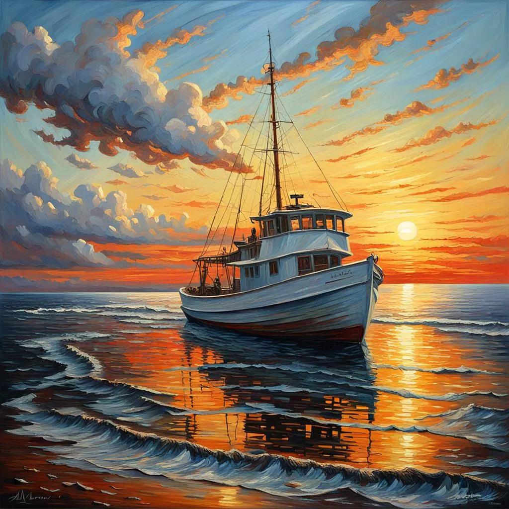 Sea Boat And Sun - Rolled Paint By Numbers