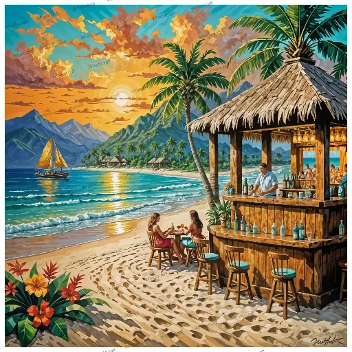 [WAC1-104] Tropical Beach Bar Sunset - Rolled Paint By Numbers 